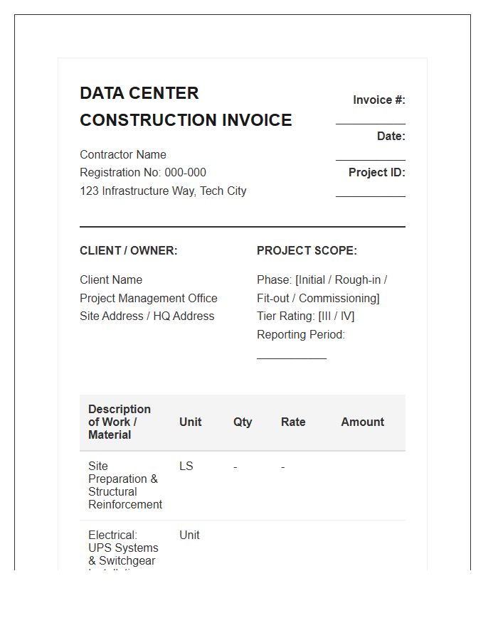 Data Center Construction Project Invoice Template