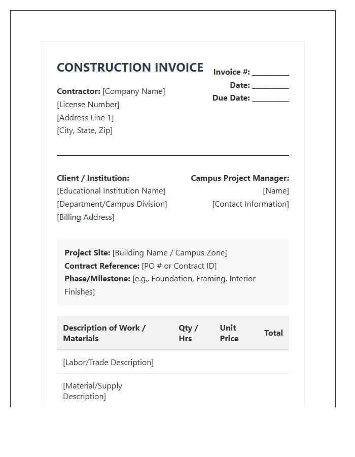 Educational Campus Building Construction Invoice Template