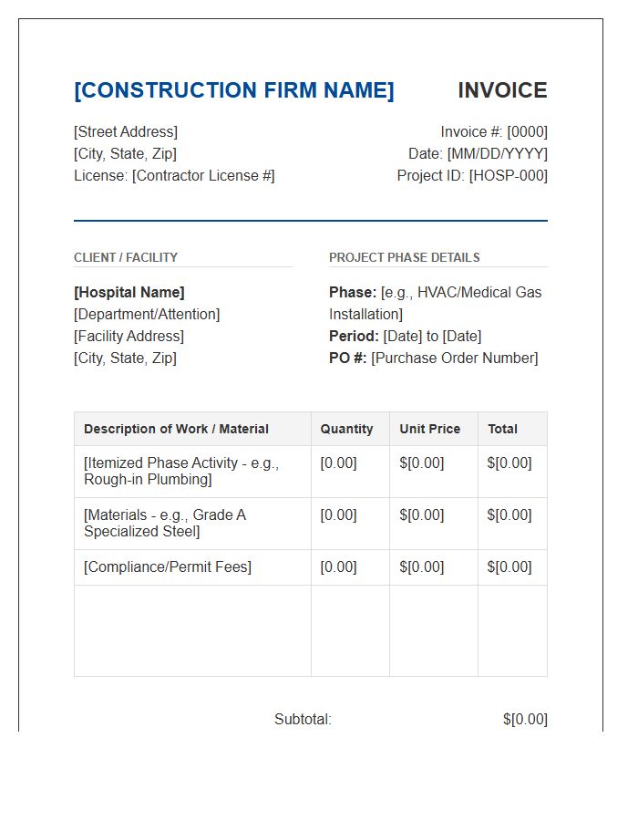 Hospital Facility Construction Phase Invoice Template