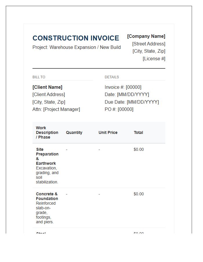 Industrial Warehouse Construction Project Invoice Template