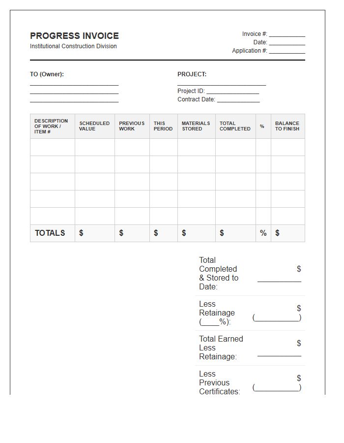 Institutional Building Construction Progress Invoice Template