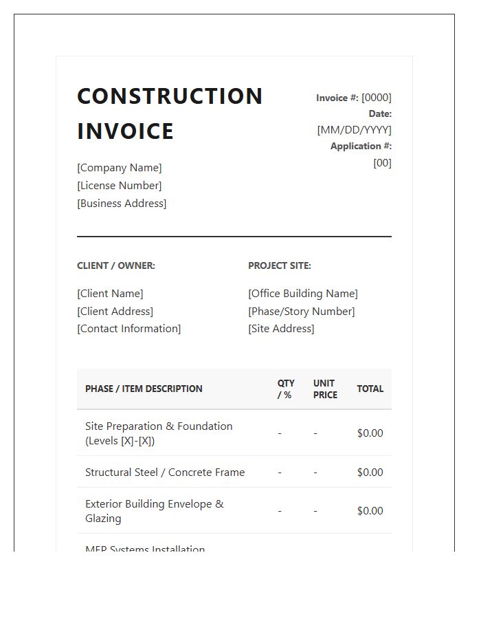 Multi Story Office Building Construction Invoice Template