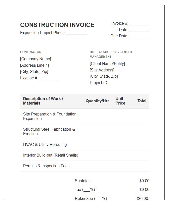 Shopping Center Expansion Construction Invoice Template