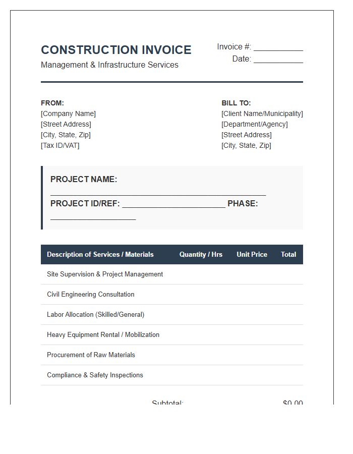 Urban Infrastructure Construction Management Invoice Template
