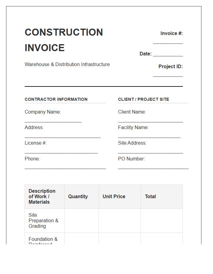 Warehouse Distribution Center Construction Invoice Template