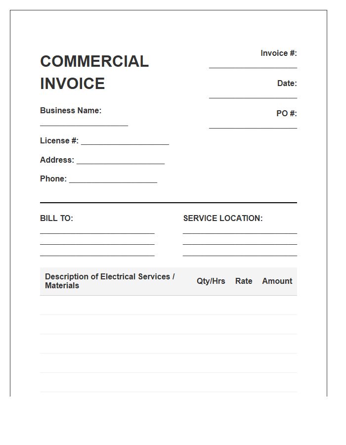 Commercial Electrician Service Invoice Template