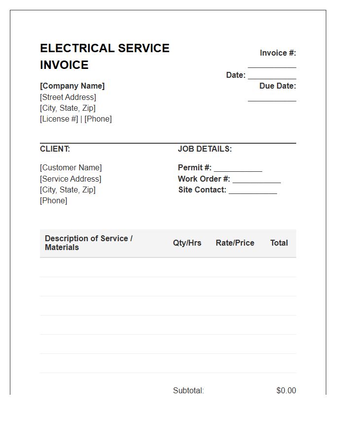 Electrical Contractor Service Invoice Template