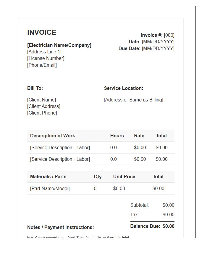 Electrician Hourly Rate Invoice Template