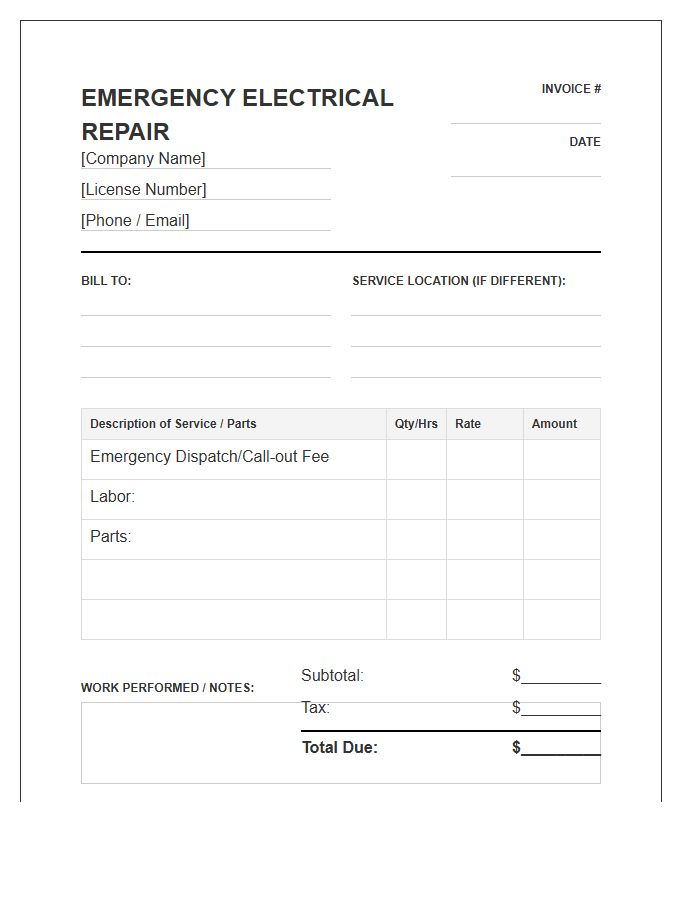 Emergency Electrical Repair Invoice Template