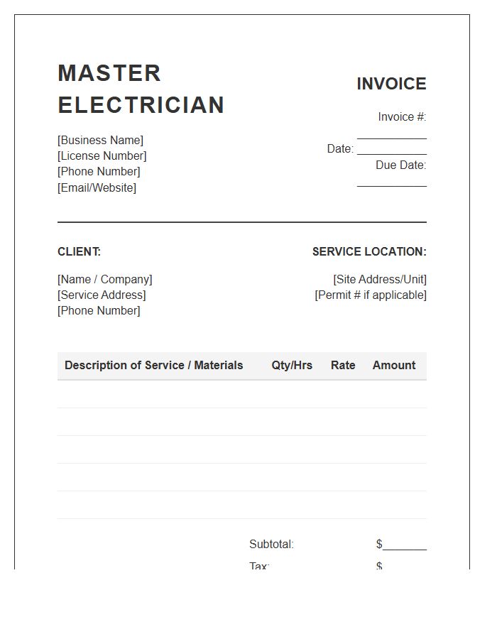 Master Electrician Service Invoice Template