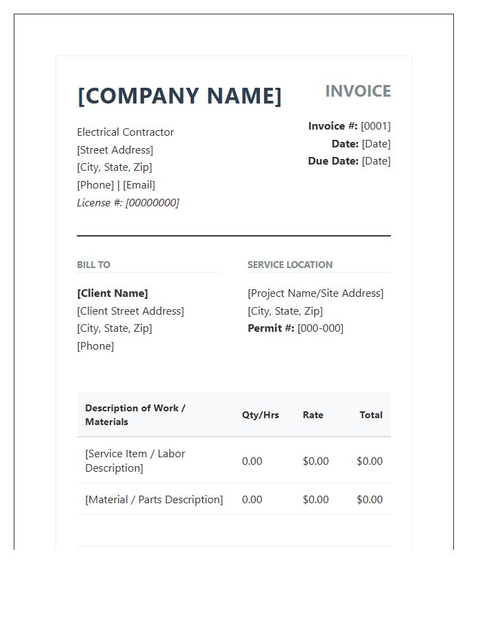 Professional Electrical Contractor Invoice Template