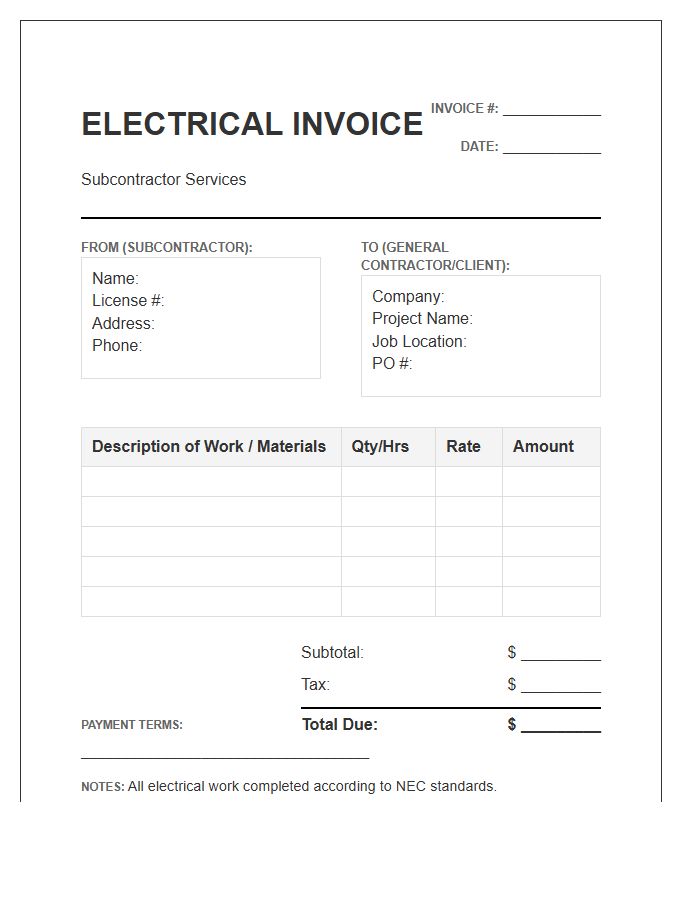 Subcontractor Electrical Service Invoice Template