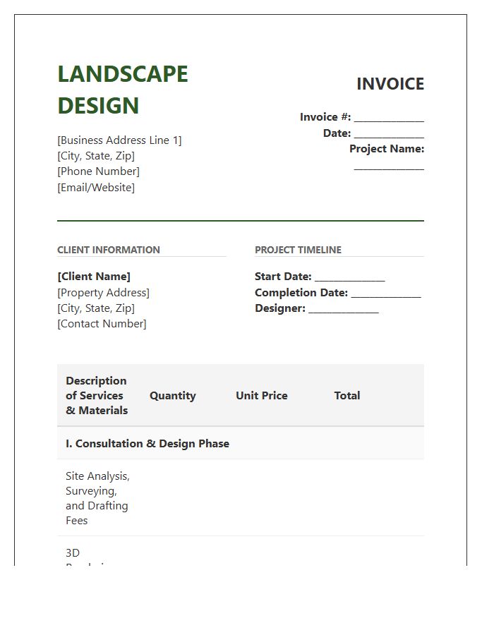 Detailed Landscaping Design Work Invoice Template