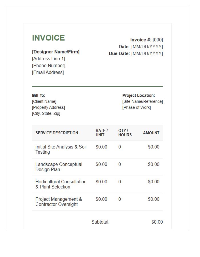 Landscape Designer Service Fee Invoice Template