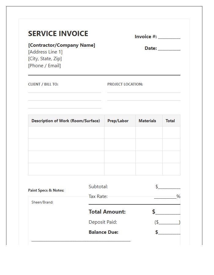 Contractor Grade Interior Painting Invoice Template