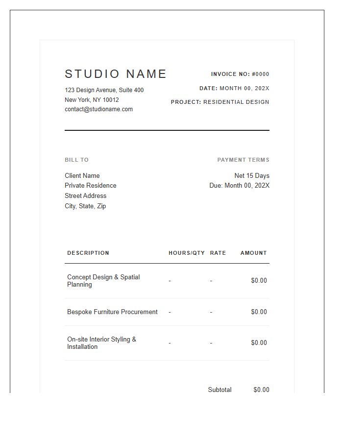 High End Interior Decorating Invoice Template