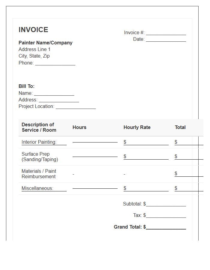Hourly Rate Interior Painter Invoice Template