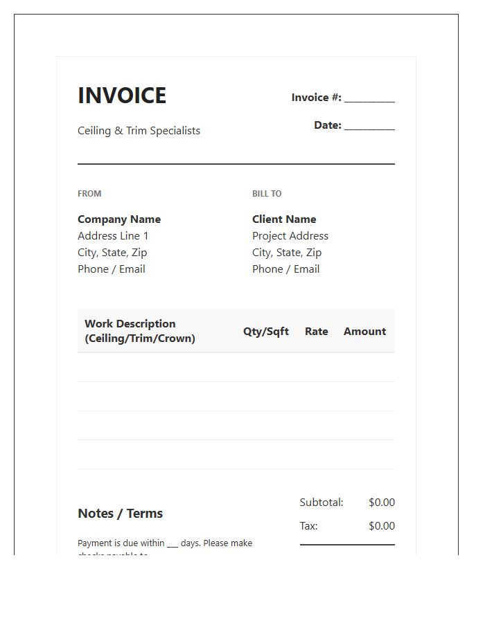 Professional Ceiling And Trim Invoice Template