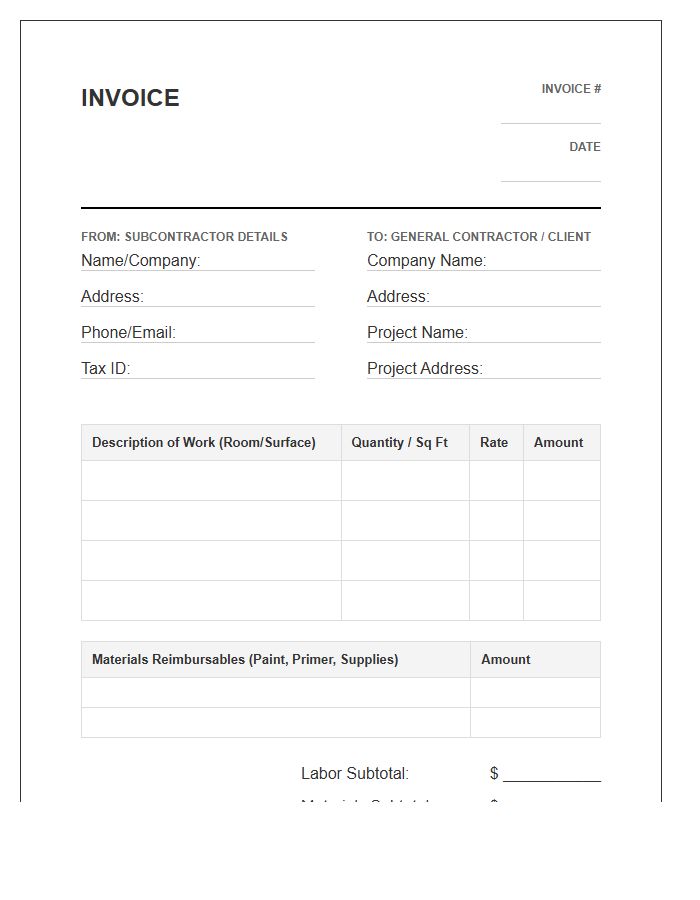 Subcontractor Interior Painting Job Invoice Template