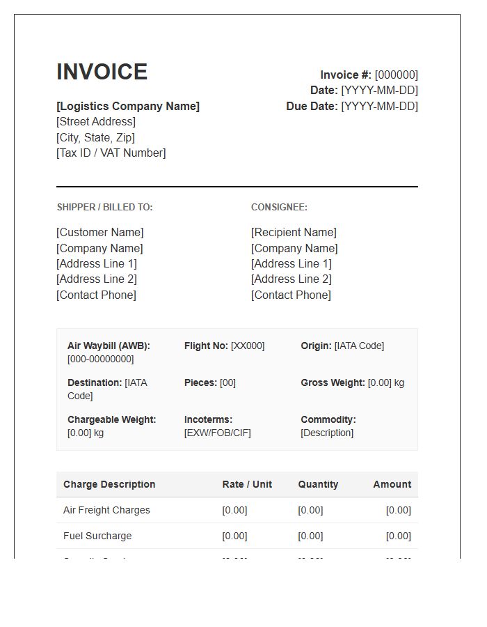 Air Cargo Logistics Billing Invoice Template