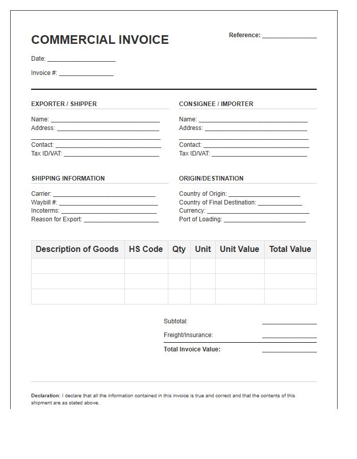 Commercial Customs Clearance Shipping Invoice Template