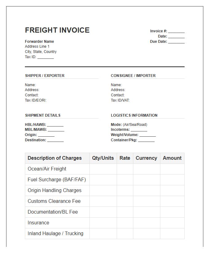 Cross Border Freight Forwarding Invoice Template