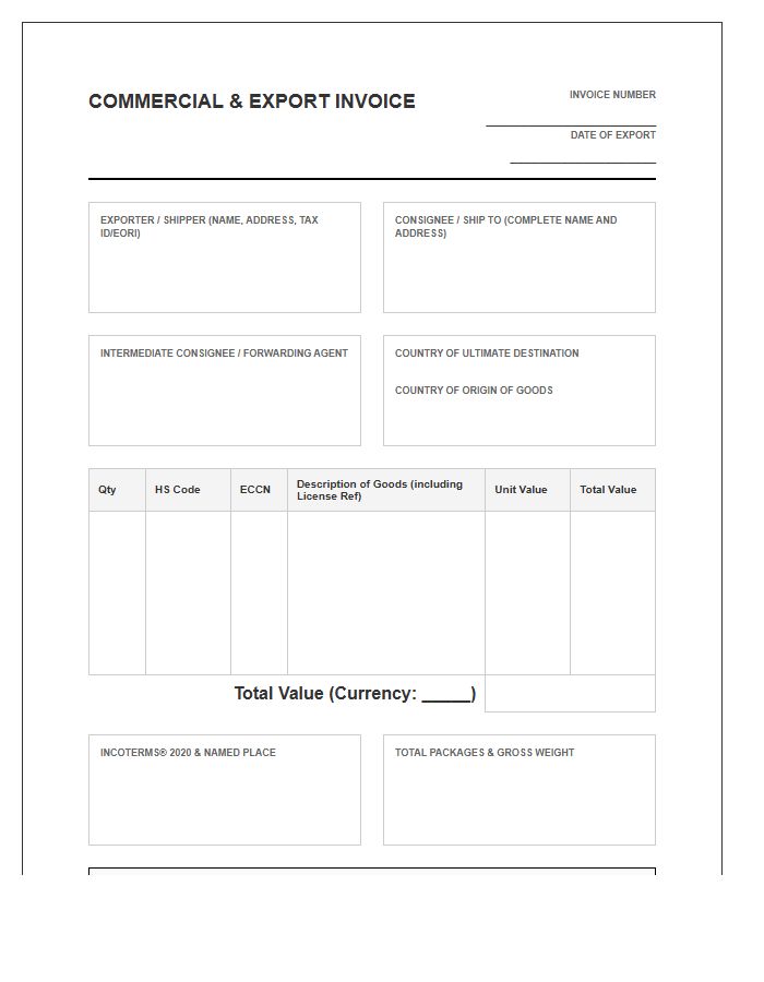 Export Compliance Shipping Documentation Invoice Template