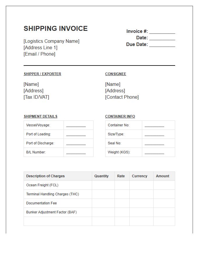 FCL Container Logistics Shipping Invoice Template