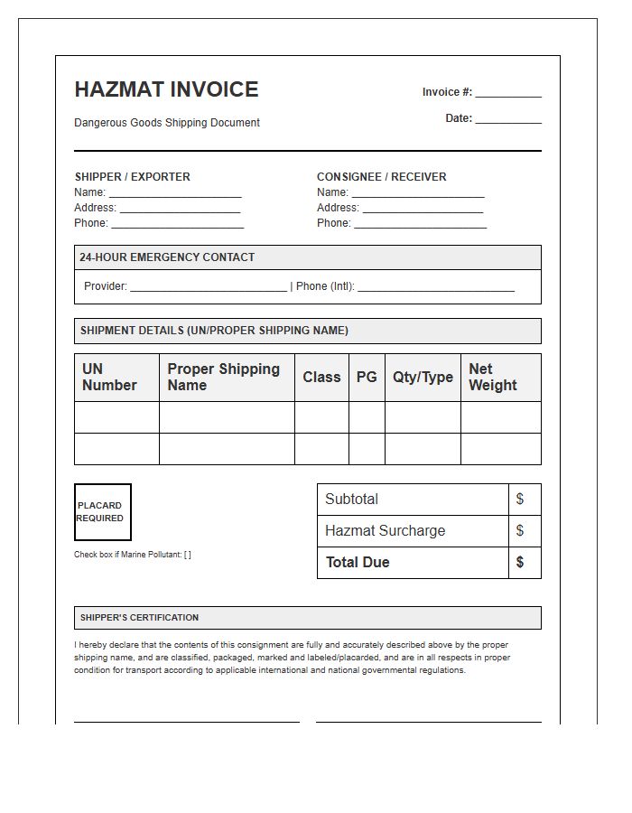 Hazardous Materials Logistics Shipping Invoice Template