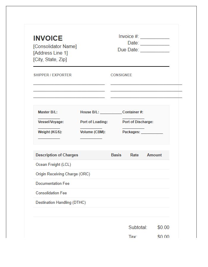 LCL Consolidation Shipping Invoice Template