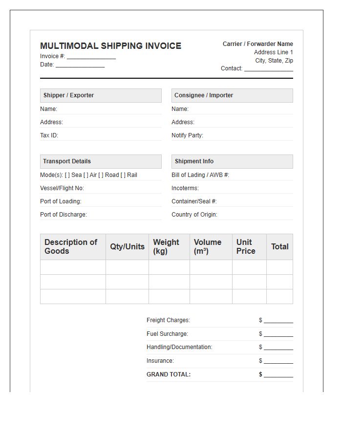 Multimodal Transportation Shipping Invoice Template