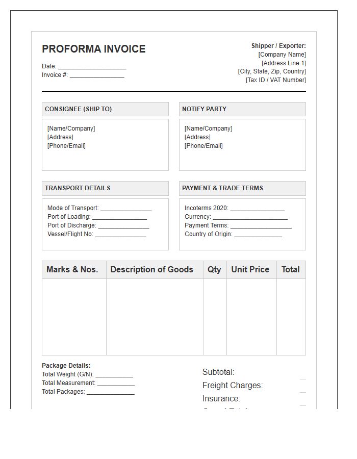 Proforma International Freight Shipping Invoice Template