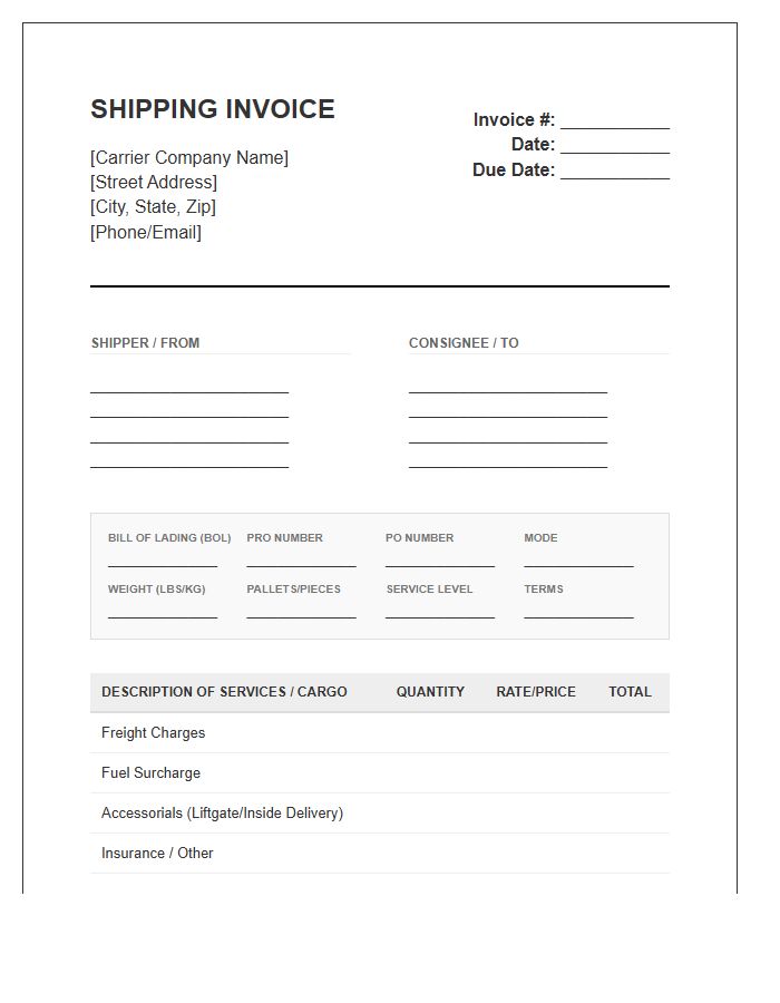 Standard Logistics Carrier Shipping Invoice Template