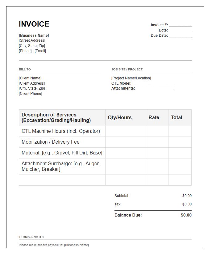 Compact Track Loader Excavation Invoice Template