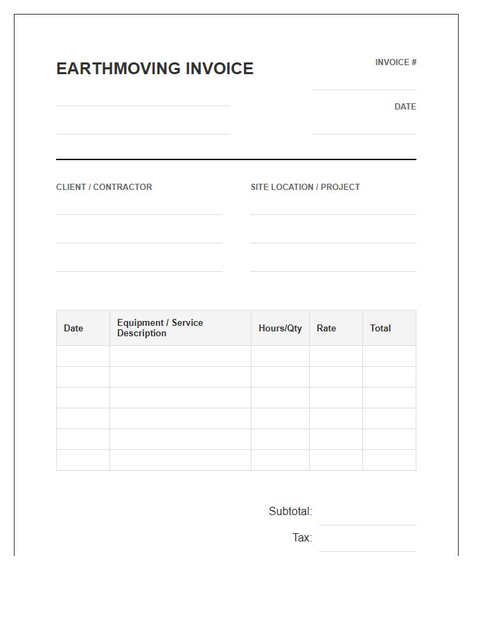 Construction Site Earthmoving Invoice Template