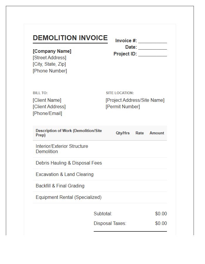 Demolition And Site Prep Invoice Template