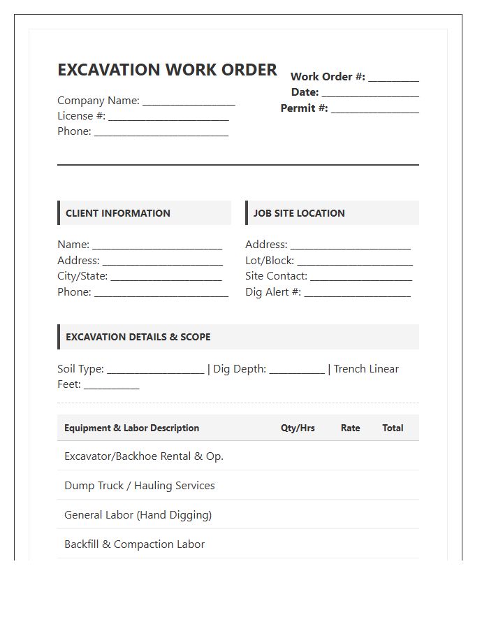 Detailed Excavation Work Order Invoice Template