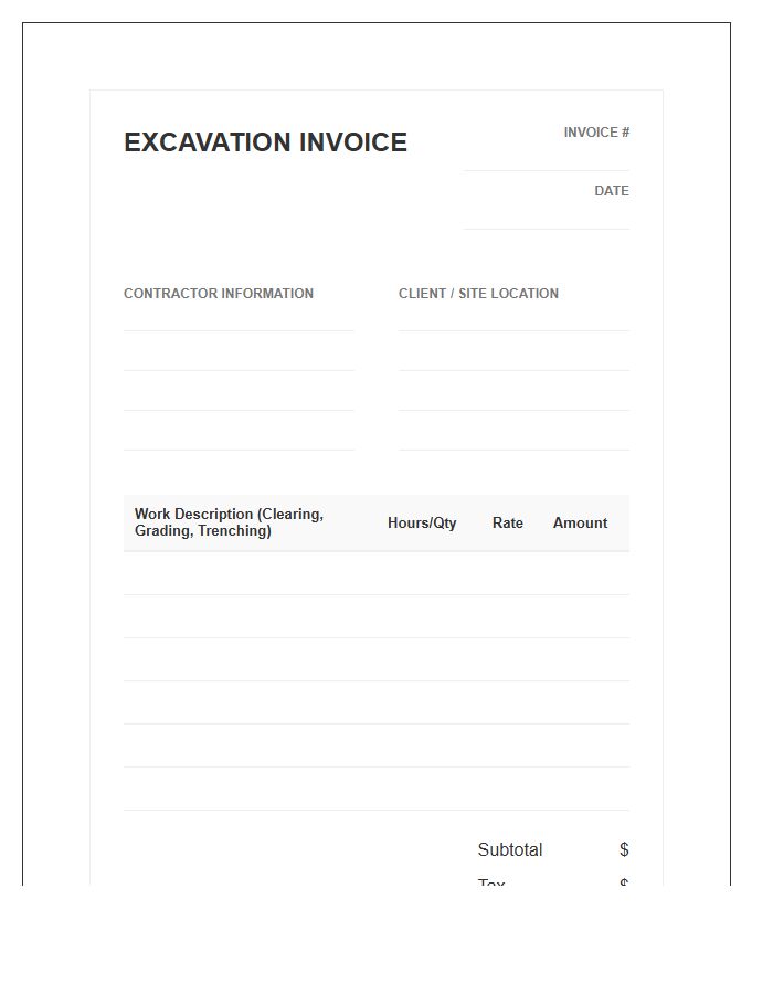Excavation Site Preparation Invoice Template