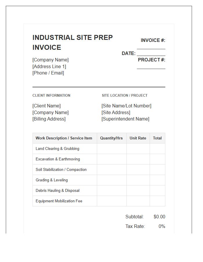 Industrial Site Preparation Billing Invoice Template