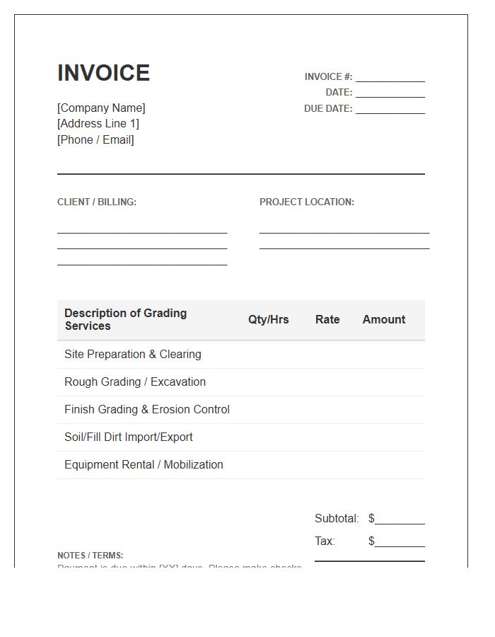 Residential Land Grading Invoice Template