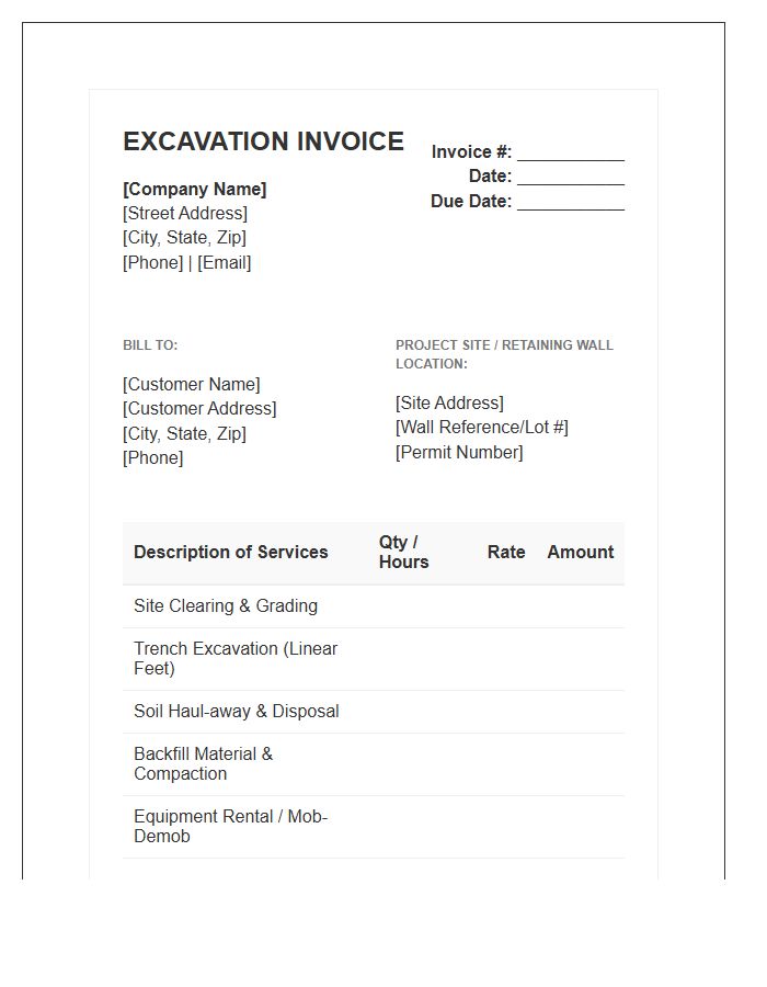 Retaining Wall Excavation Invoice Template