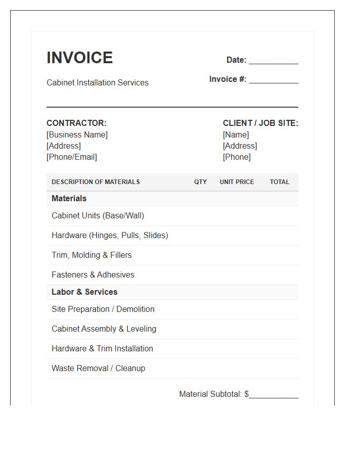 Cabinet Installation Material Labor Invoice Template