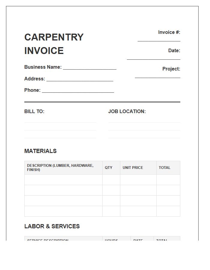 Carpentry Job Material Labor Invoice Template