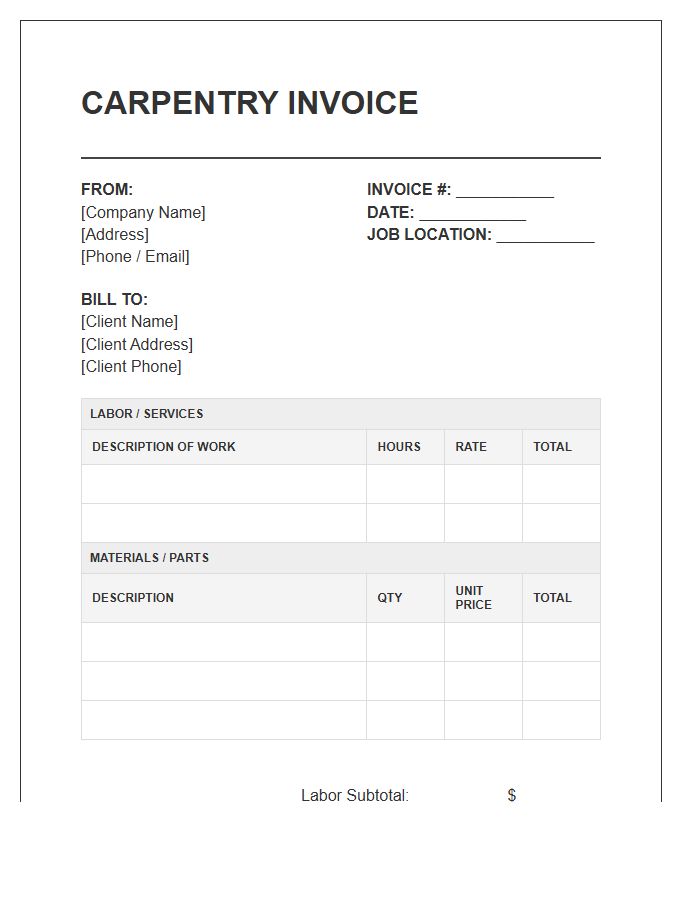 Carpentry Repair Material Labor Invoice Template