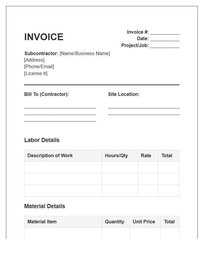 Carpentry Subcontractor Material Labor Invoice Template