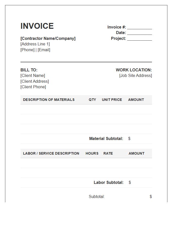 Contractor Carpentry Material Labor Invoice Template