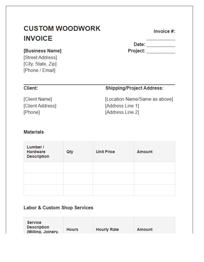 Custom Woodwork Material Labor Invoice Template