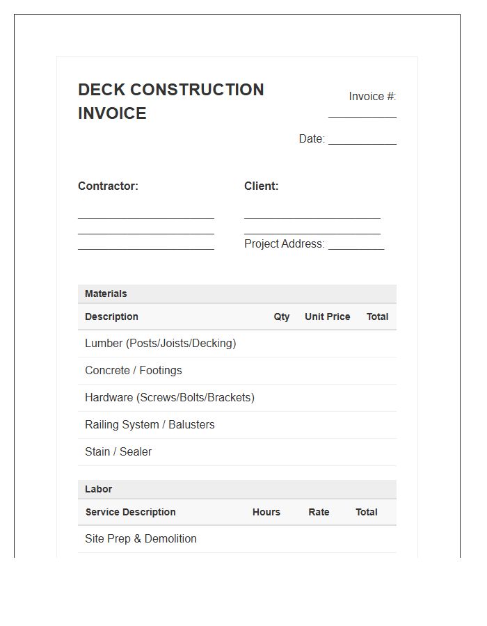 Deck Construction Material Labor Invoice Template