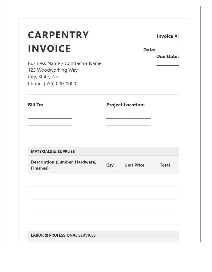 Detailed Carpentry Material Labor Invoice Template
