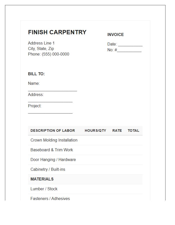 Finish Carpentry Material Labor Invoice Template